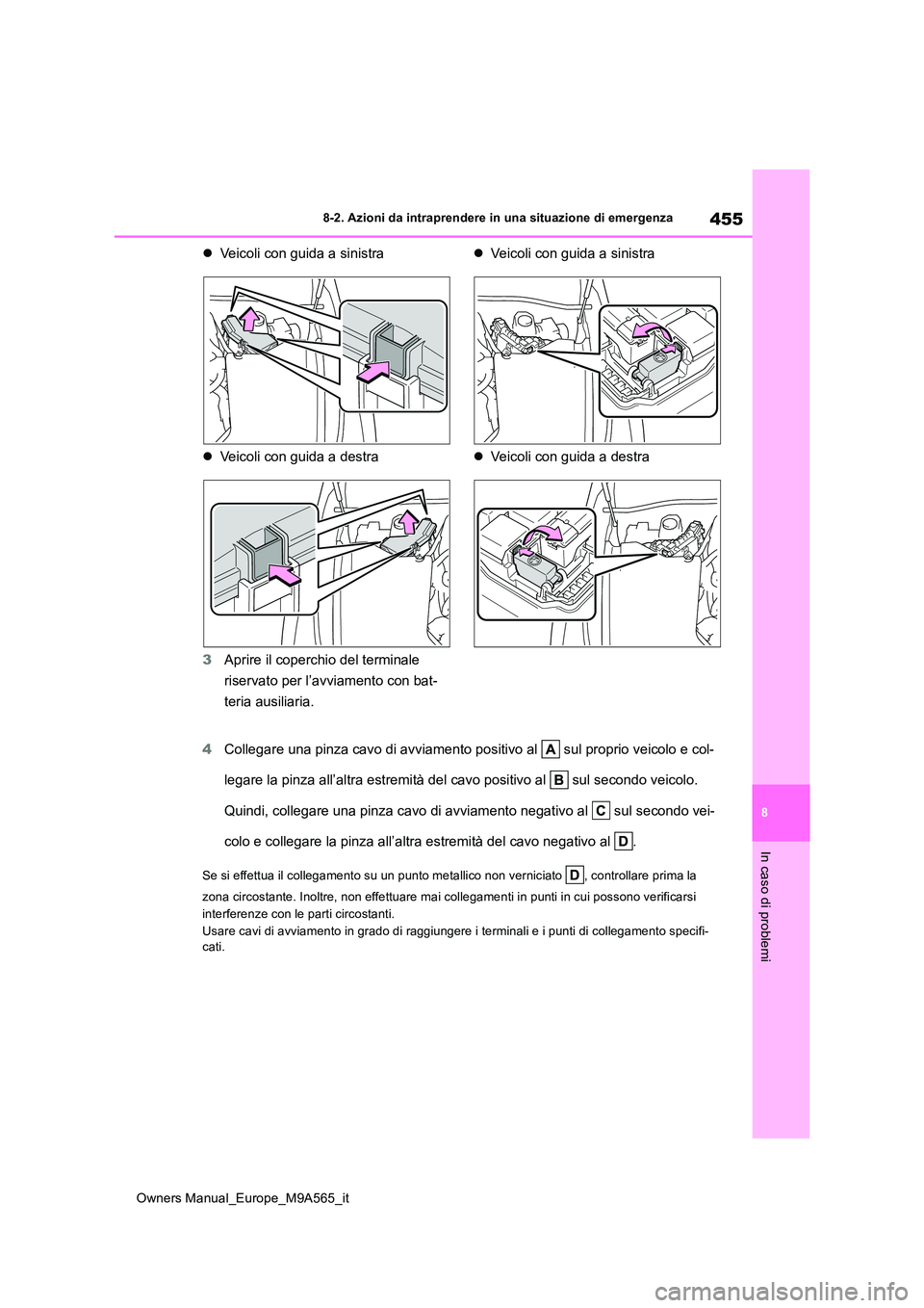 TOYOTA MIRAI 2023  Manuale duso (in Italian) 455
8
Owners Manual_Europe_M9A565_it
8-2. Azioni da intraprendere in una situazione di emergenza
In caso di problemi
Veicoli con guida a sinistra 
 Veicoli con guida a destra 
3 Aprire il coperc