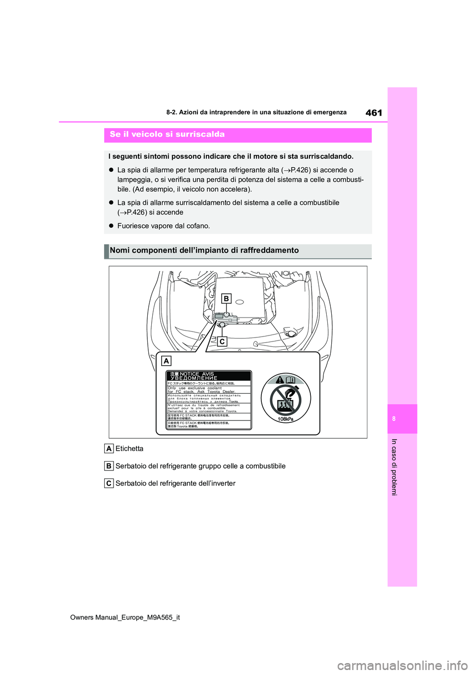 TOYOTA MIRAI 2023  Manuale duso (in Italian) 461
8
Owners Manual_Europe_M9A565_it
8-2. Azioni da intraprendere in una situazione di emergenza
In caso di problemi
Etichetta 
Serbatoio del refrigerante gruppo celle a combustibile
Serbatoio del ref