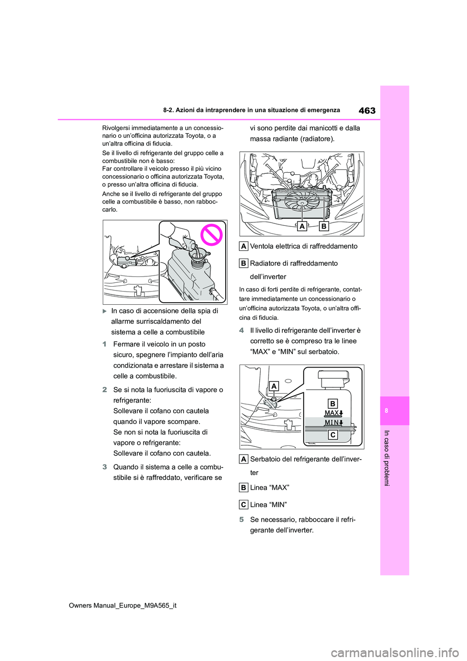 TOYOTA MIRAI 2023  Manuale duso (in Italian) 463
8
Owners Manual_Europe_M9A565_it
8-2. Azioni da intraprendere in una situazione di emergenza
In caso di problemi
Rivolgersi immediatamente a un concessio- nario o un’officina autorizzata Toyota,