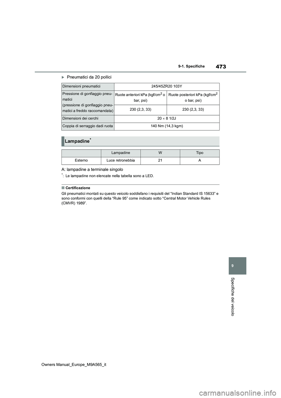 TOYOTA MIRAI 2023  Manuale duso (in Italian) 473
9
Owners Manual_Europe_M9A565_it
9-1. Specifiche
Specifiche del veicolo
Pneumatici da 20 pollici 
A: lampadine a terminale singolo
*: Le lampadine non elencate nella tabella sono a LED.
■Cert