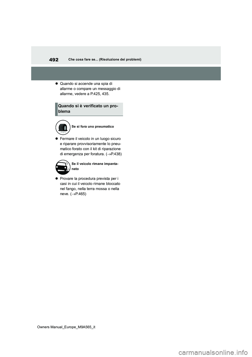 TOYOTA MIRAI 2023  Manuale duso (in Italian) 492
Owners Manual_Europe_M9A565_it
Che cosa fare se... (Risoluzione dei problemi)
Quando si accende una spia di  
allarme o compare un messaggio di 
allarme, vedere a P.425, 435. 
 Fermare il ve