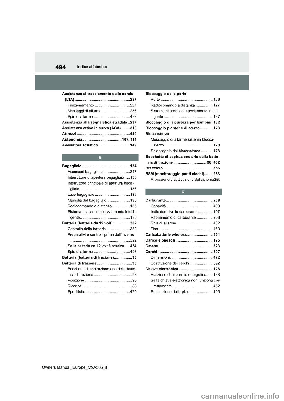 TOYOTA MIRAI 2023  Manuale duso (in Italian) 494
Owners Manual_Europe_M9A565_it
Indice alfabetico 
Assistenza al tracciamento della corsia  
(LTA) .................................................... 227
Funzionamento ...........................