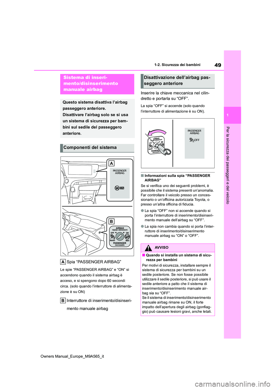 TOYOTA MIRAI 2023  Manuale duso (in Italian) 49
1
Owners Manual_Europe_M9A565_it
1-2. Sicurezza dei bambini
Per la sicurezza dei passeggeri e del veicolo
1-2.Sicure zza  de i bambini
Spia “PASSENGER AIRBAG”
Le spie “PASSENGER AIRBAG” e 