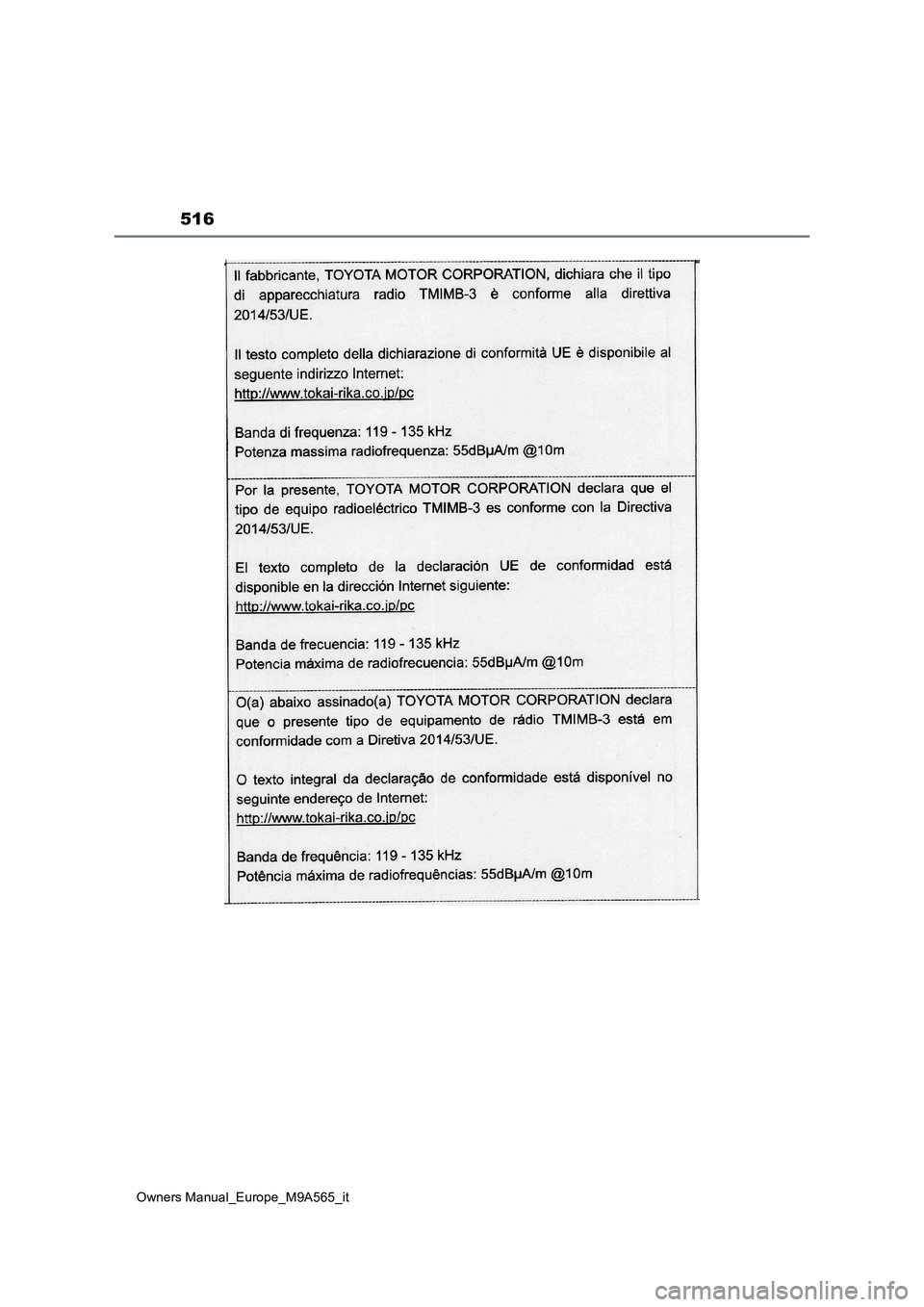 TOYOTA MIRAI 2023  Manuale duso (in Italian) 516
Owners Manual_Europe_M9A565_it 