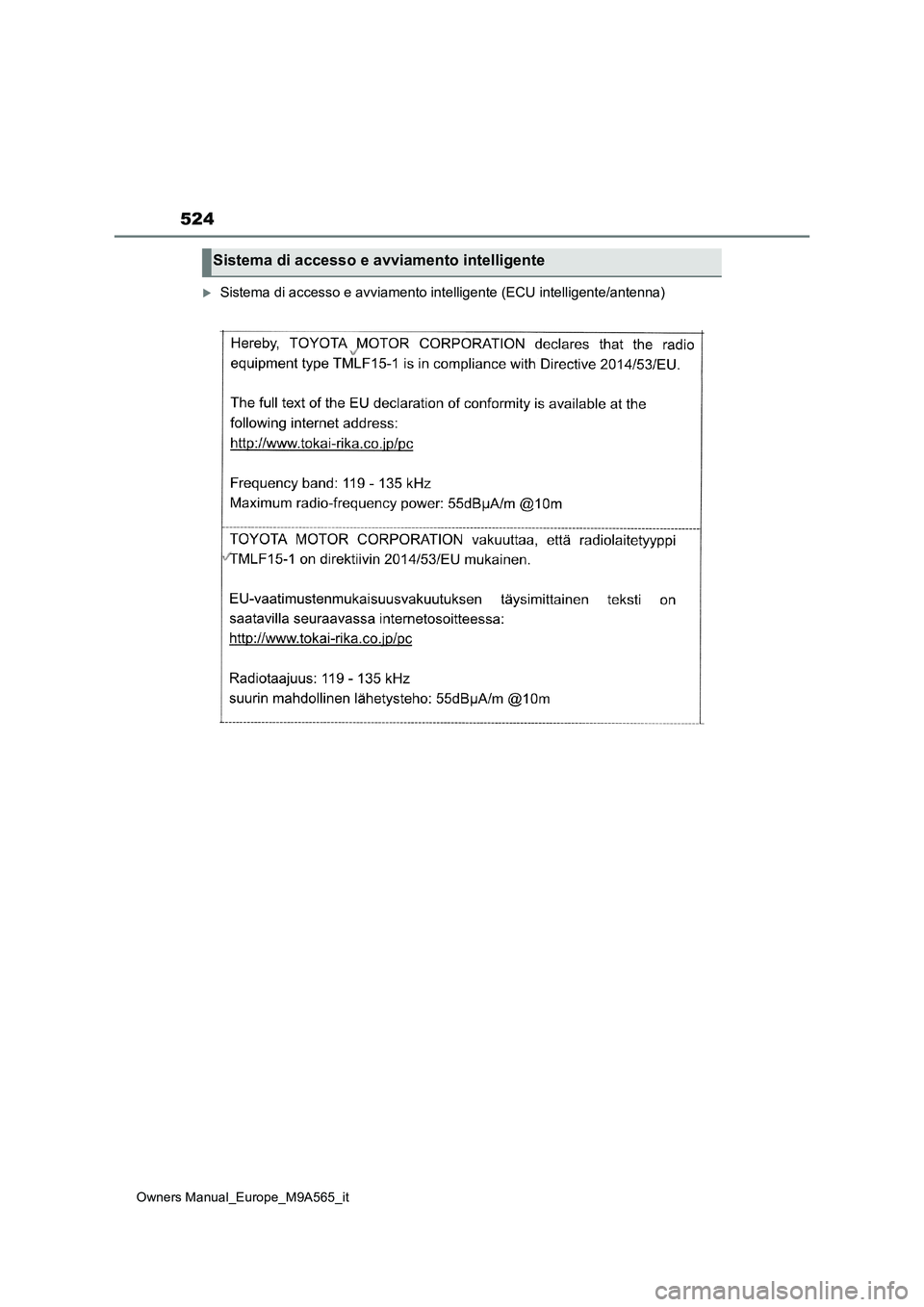 TOYOTA MIRAI 2023  Manuale duso (in Italian) 524
Owners Manual_Europe_M9A565_it
Sistema di accesso e avviamento intelligente (ECU intelligente/antenna)
Sistema di accesso e avviamento intelligente 