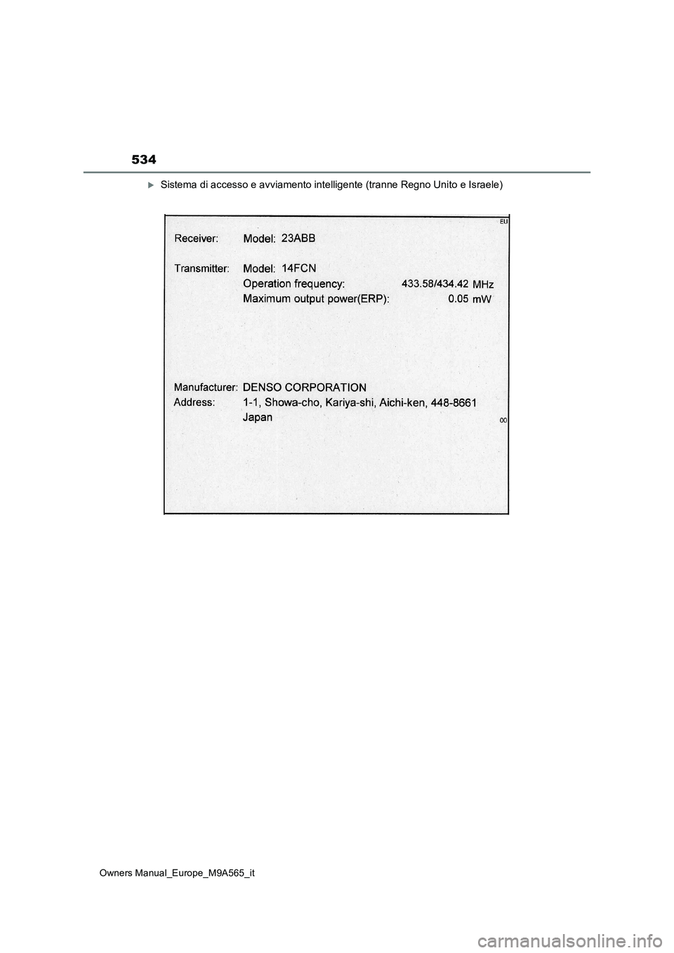 TOYOTA MIRAI 2023  Manuale duso (in Italian) 534
Owners Manual_Europe_M9A565_it
Sistema di accesso e avviamento intelligente (tranne Regno Unito e Israele) 