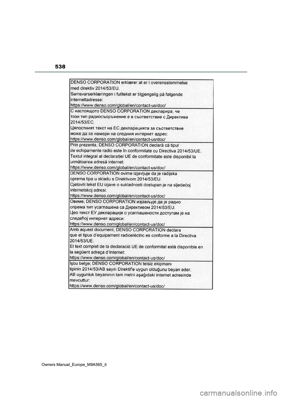 TOYOTA MIRAI 2023  Manuale duso (in Italian) 538
Owners Manual_Europe_M9A565_it 