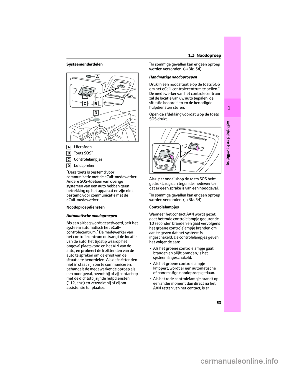 TOYOTA MIRAI 2023 Instructieboekje (in Dutch) Systeemonderdelen
AMicrofoon
BToets SOS*
CControlelampjes
DLuidspreker
*Deze toets is bestemd voor
communicatie met de eCall-medewerker.
Andere SOS-toetsen van overige
systemen van een auto hebben gee TOYOTA MIRAI 2023 Instructieboekje (in Dutch) Systeemonderdelen
AMicrofoon
BToets SOS*
CControlelampjes
DLuidspreker
*Deze toets is bestemd voor
communicatie met de eCall-medewerker.
Andere SOS-toetsen van overige
systemen van een auto hebben gee