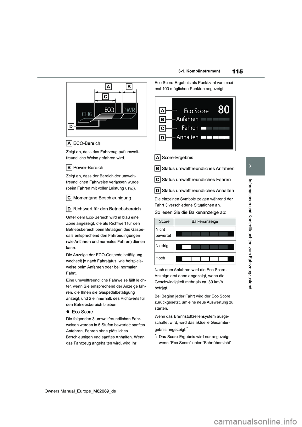 TOYOTA MIRAI 2022 Betriebsanleitungen (in German) 115
3
Owners Manual_Europe_M62089_de
3-1. Kombiinstrument
Informationen und Kontrollleuchten zum Fahrzeugzustand
ECO-Bereich
Zeigt an, dass das Fahrzeug auf umwelt-
freundliche Weise gefahren wird.
P TOYOTA MIRAI 2022 Betriebsanleitungen (in German) 115
3
Owners Manual_Europe_M62089_de
3-1. Kombiinstrument
Informationen und Kontrollleuchten zum Fahrzeugzustand
ECO-Bereich
Zeigt an, dass das Fahrzeug auf umwelt-
freundliche Weise gefahren wird.
P