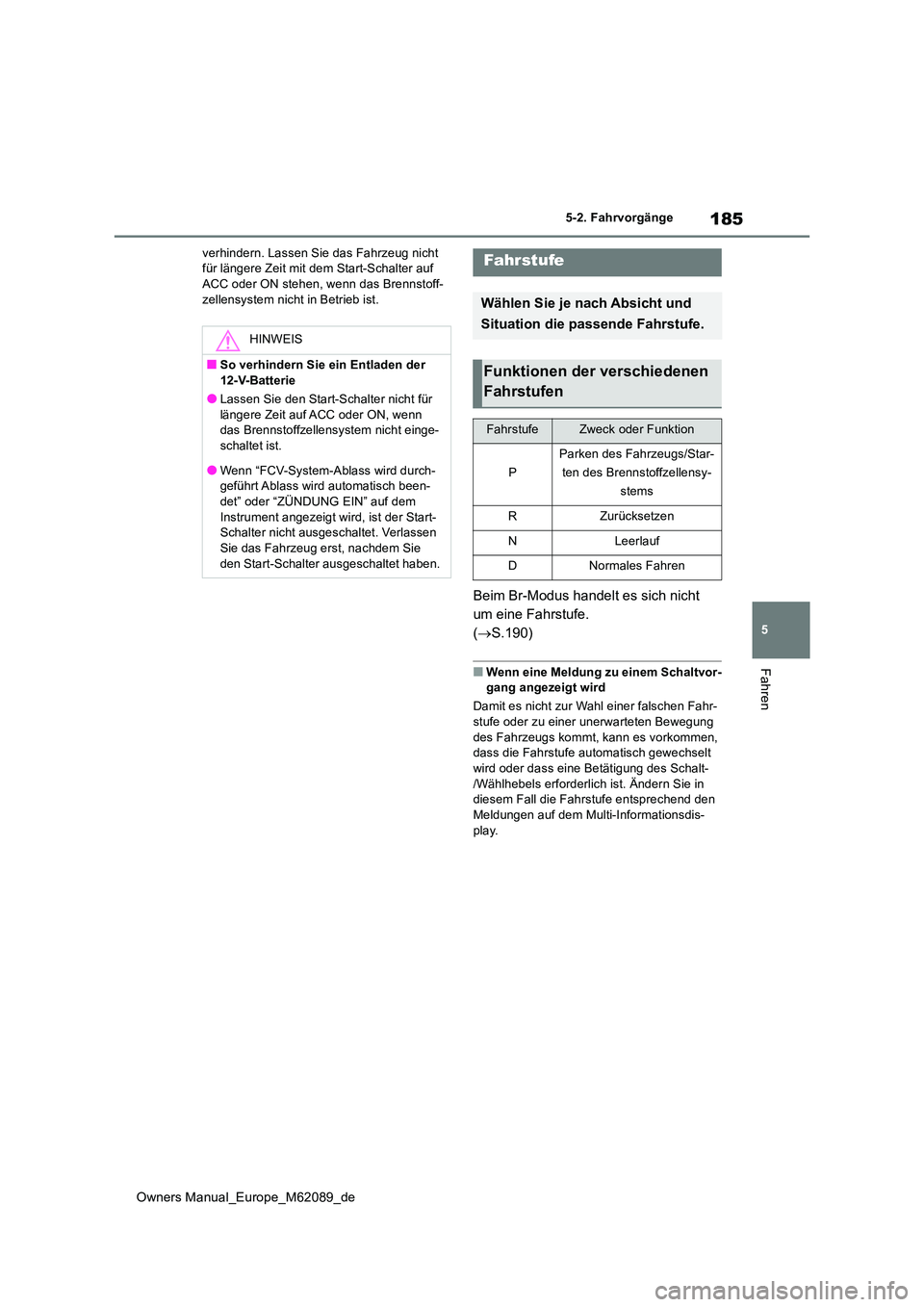 TOYOTA MIRAI 2022 Betriebsanleitungen (in German) 185
5
Owners Manual_Europe_M62089_de
5-2. Fahrvorgänge
Fahren
verhindern. Lassen Sie das Fahrzeug nicht für längere Zeit mit dem Start-Schalter auf ACC oder ON stehen, wenn das Brennstoff-
zellen TOYOTA MIRAI 2022 Betriebsanleitungen (in German) 185
5
Owners Manual_Europe_M62089_de
5-2. Fahrvorgänge
Fahren
verhindern. Lassen Sie das Fahrzeug nicht für längere Zeit mit dem Start-Schalter auf ACC oder ON stehen, wenn das Brennstoff-
zellen