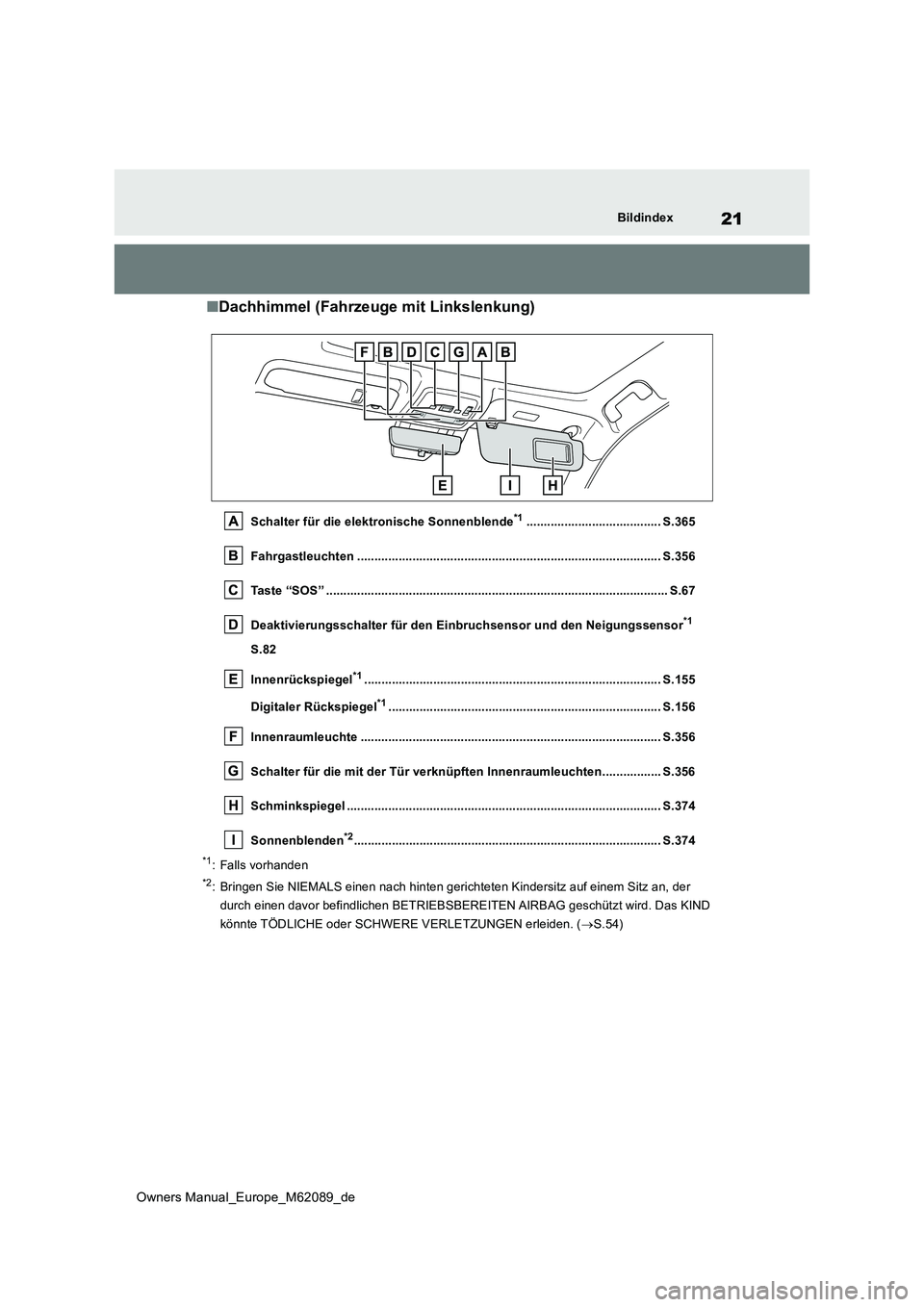 TOYOTA MIRAI 2022 Betriebsanleitungen (in German) 21
Owners Manual_Europe_M62089_de
Bildindex
■Dachhimmel (Fahrzeuge mit Linkslenkung)
Schalter für die elektronische Sonnenblende*1....................................... S.365
Fahrgastleuchten ... TOYOTA MIRAI 2022 Betriebsanleitungen (in German) 21
Owners Manual_Europe_M62089_de
Bildindex
■Dachhimmel (Fahrzeuge mit Linkslenkung)
Schalter für die elektronische Sonnenblende*1....................................... S.365
Fahrgastleuchten ...