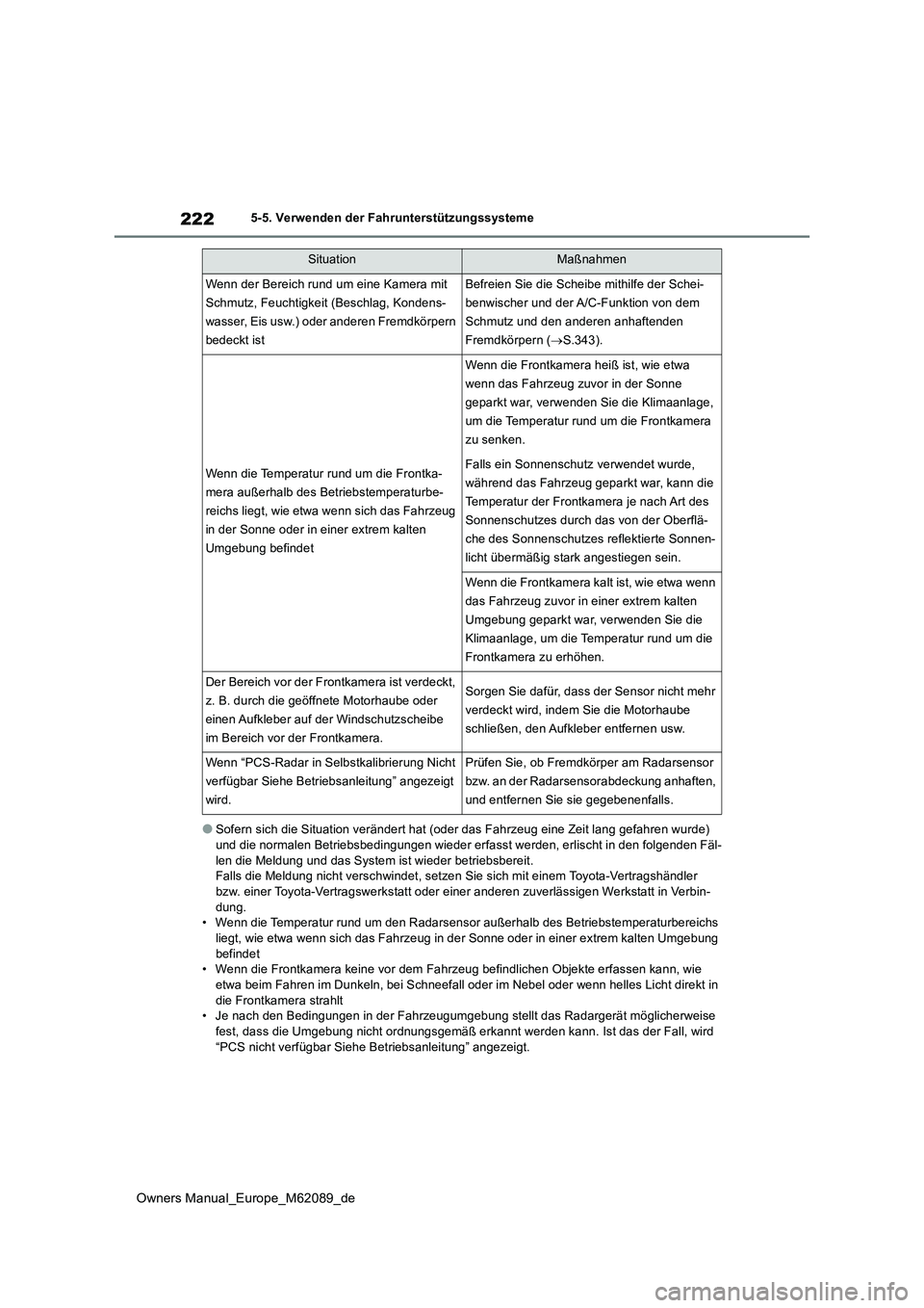 TOYOTA MIRAI 2022 Betriebsanleitungen (in German) 222
Owners Manual_Europe_M62089_de
5-5. Verwenden der Fahrunterstützungssysteme
●Sofern sich die Situation verändert hat (oder das Fahrzeug eine Zeit lang gefahren wurde)
und die normalen Betrie TOYOTA MIRAI 2022 Betriebsanleitungen (in German) 222
Owners Manual_Europe_M62089_de
5-5. Verwenden der Fahrunterstützungssysteme
●Sofern sich die Situation verändert hat (oder das Fahrzeug eine Zeit lang gefahren wurde)
und die normalen Betrie