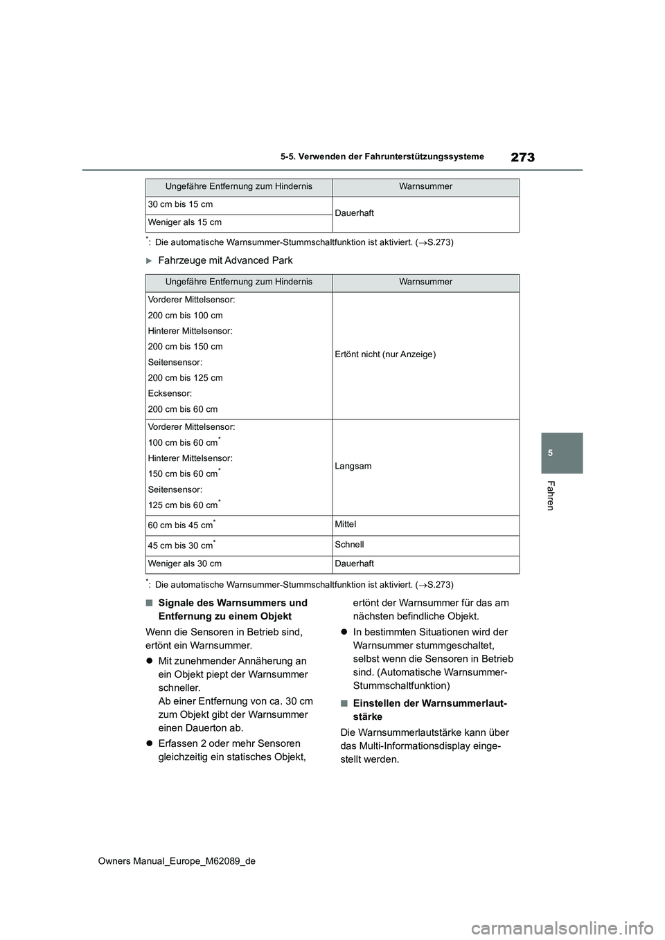 TOYOTA MIRAI 2022 Betriebsanleitungen (in German) 273
5
Owners Manual_Europe_M62089_de
5-5. Verwenden der Fahrunterstützungssysteme
Fahren
*: Die automatische Warnsummer-Stummschaltfunktion ist aktiviert. (S.273)
Fahrzeuge mit Advanced Park
*: TOYOTA MIRAI 2022 Betriebsanleitungen (in German) 273
5
Owners Manual_Europe_M62089_de
5-5. Verwenden der Fahrunterstützungssysteme
Fahren
*: Die automatische Warnsummer-Stummschaltfunktion ist aktiviert. (S.273)
Fahrzeuge mit Advanced Park
*: