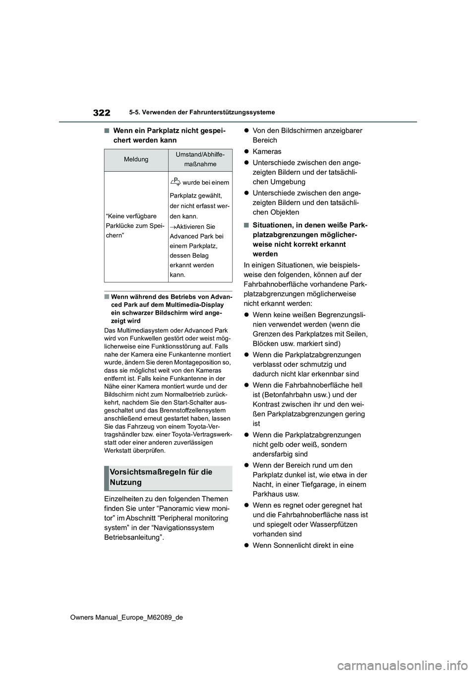 TOYOTA MIRAI 2022 Betriebsanleitungen (in German) 322
Owners Manual_Europe_M62089_de
5-5. Verwenden der Fahrunterstützungssysteme
■Wenn ein Parkplatz nicht gespei-
chert werden kann
■Wenn während des Betriebs von Advan- ced Park auf dem Multim TOYOTA MIRAI 2022 Betriebsanleitungen (in German) 322
Owners Manual_Europe_M62089_de
5-5. Verwenden der Fahrunterstützungssysteme
■Wenn ein Parkplatz nicht gespei-
chert werden kann
■Wenn während des Betriebs von Advan- ced Park auf dem Multim
