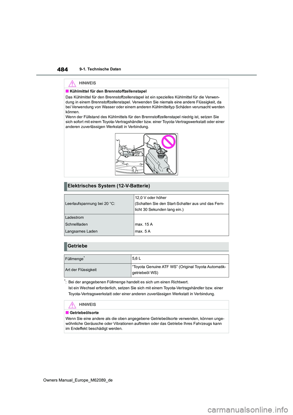 TOYOTA MIRAI 2022  Betriebsanleitungen (in German) 484
Owners Manual_Europe_M62089_de
9-1. Technische Daten
*: Bei der angegebenen Füllmenge handelt es sich um einen Richtwert. 
Ist ein Wechsel erforderlich, setzen Sie sich mit einem Toyota- Vertrags