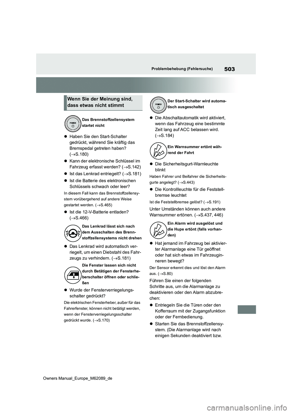 TOYOTA MIRAI 2022  Betriebsanleitungen (in German) 503
Owners Manual_Europe_M62089_de
Problembehebung (Fehlersuche)
Haben Sie den Start-Schalter  
gedrückt, während Sie kräftig das 
Bremspedal getreten haben? 
( S.180) 
 Kann der elektroni