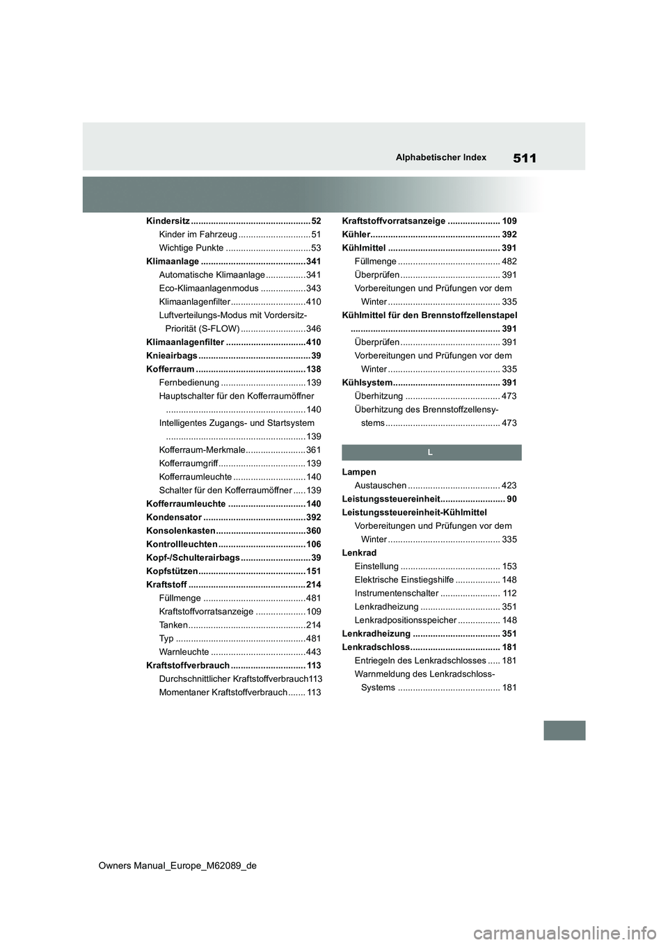 TOYOTA MIRAI 2022 Betriebsanleitungen (in German) 511
Owners Manual_Europe_M62089_de
Alphabetischer Index
Kindersitz ................................................ 52
Kinder im Fahrzeug ............................. 51
Wichtige Punkte ............ TOYOTA MIRAI 2022 Betriebsanleitungen (in German) 511
Owners Manual_Europe_M62089_de
Alphabetischer Index
Kindersitz ................................................ 52
Kinder im Fahrzeug ............................. 51
Wichtige Punkte ............