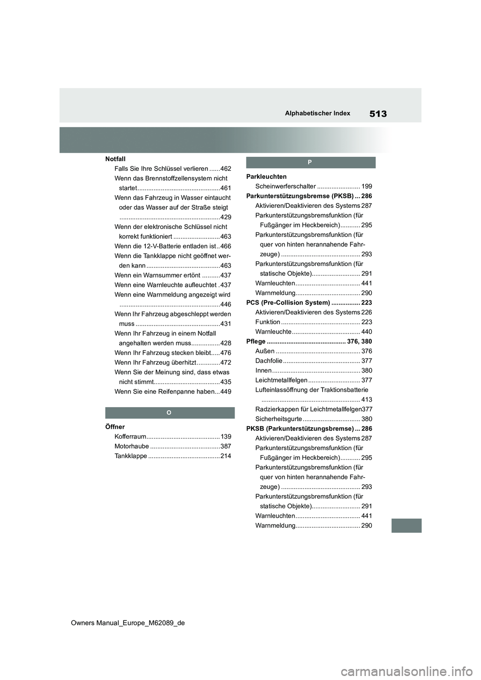 TOYOTA MIRAI 2022 Betriebsanleitungen (in German) 513
Owners Manual_Europe_M62089_de
Alphabetischer Index
Notfall
Falls Sie Ihre Schlüssel verlieren ...... 462
Wenn das Brennstoffzellensystem nicht
startet ......................................... TOYOTA MIRAI 2022 Betriebsanleitungen (in German) 513
Owners Manual_Europe_M62089_de
Alphabetischer Index
Notfall
Falls Sie Ihre Schlüssel verlieren ...... 462
Wenn das Brennstoffzellensystem nicht
startet .........................................