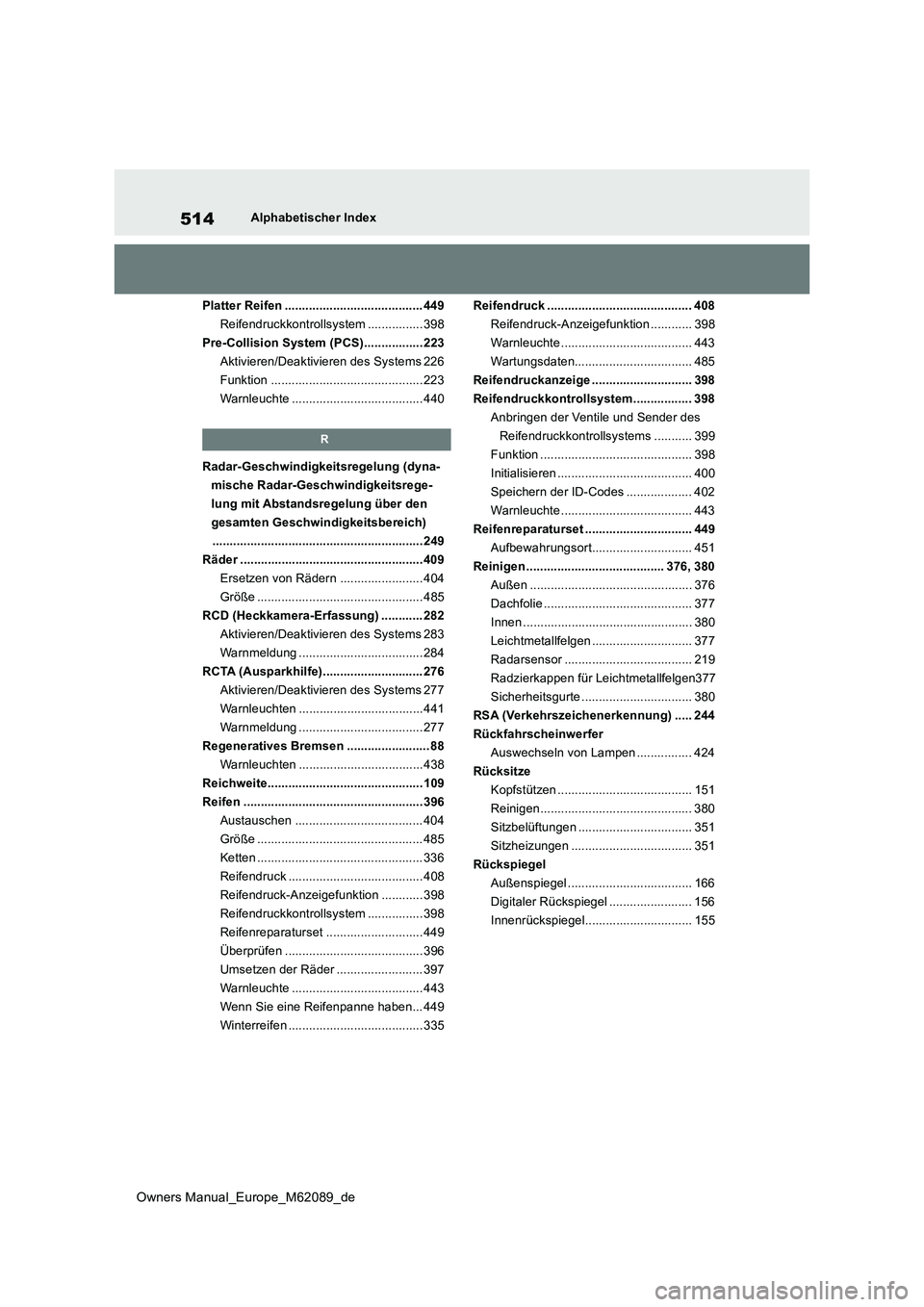 TOYOTA MIRAI 2022 Betriebsanleitungen (in German) 514
Owners Manual_Europe_M62089_de
Alphabetischer Index
Platter Reifen ........................................ 449
Reifendruckkontrollsystem ................ 398
Pre-Collision System (PCS)......... TOYOTA MIRAI 2022 Betriebsanleitungen (in German) 514
Owners Manual_Europe_M62089_de
Alphabetischer Index
Platter Reifen ........................................ 449
Reifendruckkontrollsystem ................ 398
Pre-Collision System (PCS).........