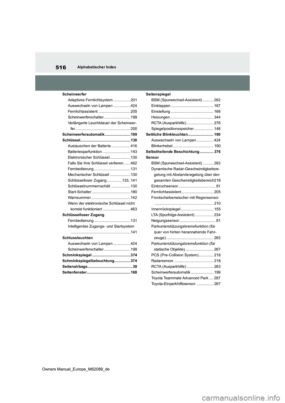 TOYOTA MIRAI 2022 Betriebsanleitungen (in German) 516
Owners Manual_Europe_M62089_de
Alphabetischer Index
Scheinwerfer
Adaptives Fernlichtsystem ................ 201
Auswechseln von Lampen ................ 424
Fernlichtassistent ................... TOYOTA MIRAI 2022 Betriebsanleitungen (in German) 516
Owners Manual_Europe_M62089_de
Alphabetischer Index
Scheinwerfer
Adaptives Fernlichtsystem ................ 201
Auswechseln von Lampen ................ 424
Fernlichtassistent ...................