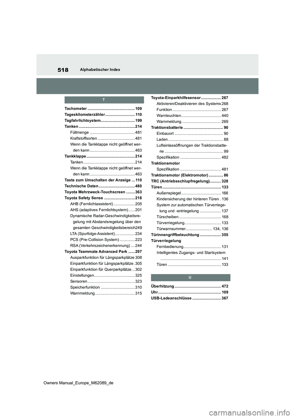 TOYOTA MIRAI 2022 Betriebsanleitungen (in German) 518
Owners Manual_Europe_M62089_de
Alphabetischer Index
T
Tachometer ........................................... 109
Tageskilometerzähler ........................... 110
Tagfahrlichtsystem.......... TOYOTA MIRAI 2022 Betriebsanleitungen (in German) 518
Owners Manual_Europe_M62089_de
Alphabetischer Index
T
Tachometer ........................................... 109
Tageskilometerzähler ........................... 110
Tagfahrlichtsystem..........