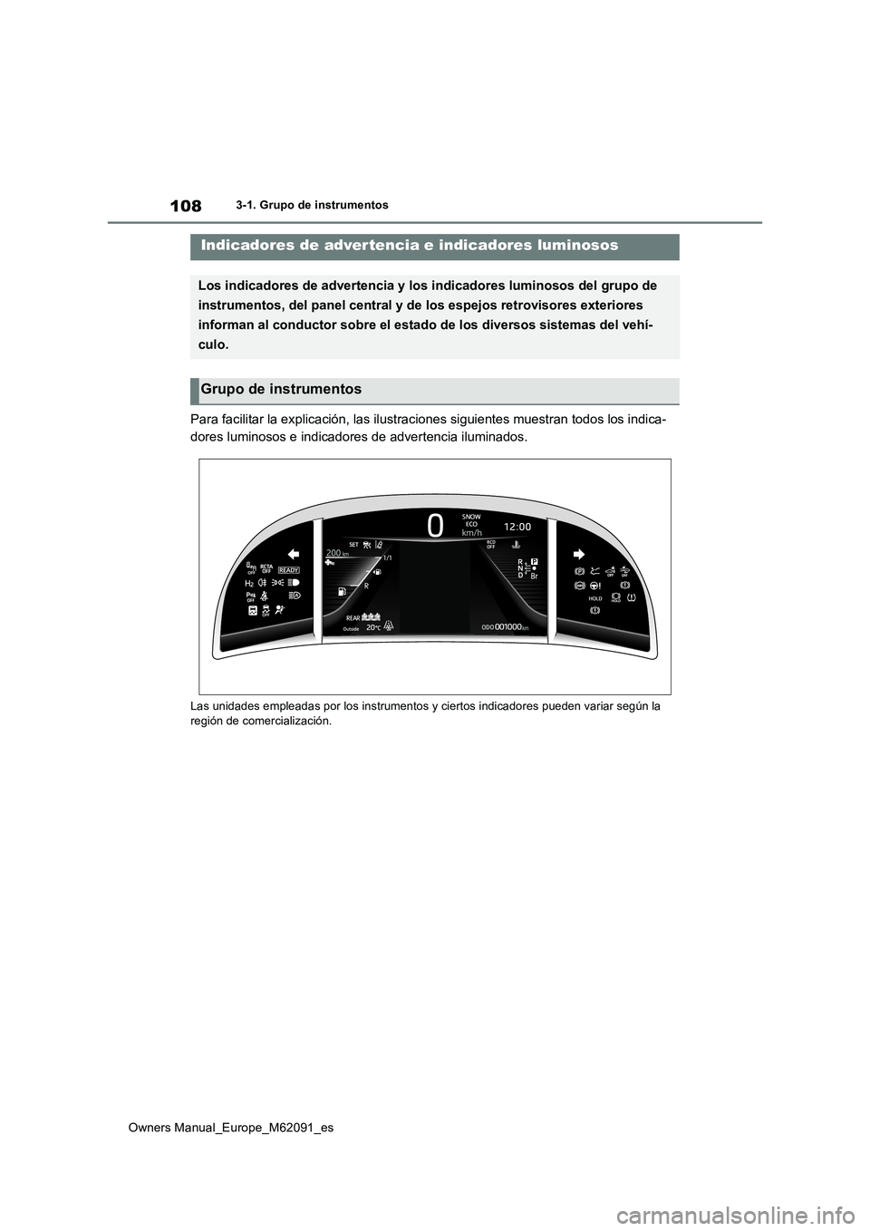 TOYOTA MIRAI 2022  Manual del propietario (in Spanish) 108
Owners Manual_Europe_M62091_es
3-1. Grupo de instrumentos
3-1.Grup o d e ins trumentos
Para facilitar la explicación, las ilustraciones siguientes muestran todos los indica- 
dores luminosos e in