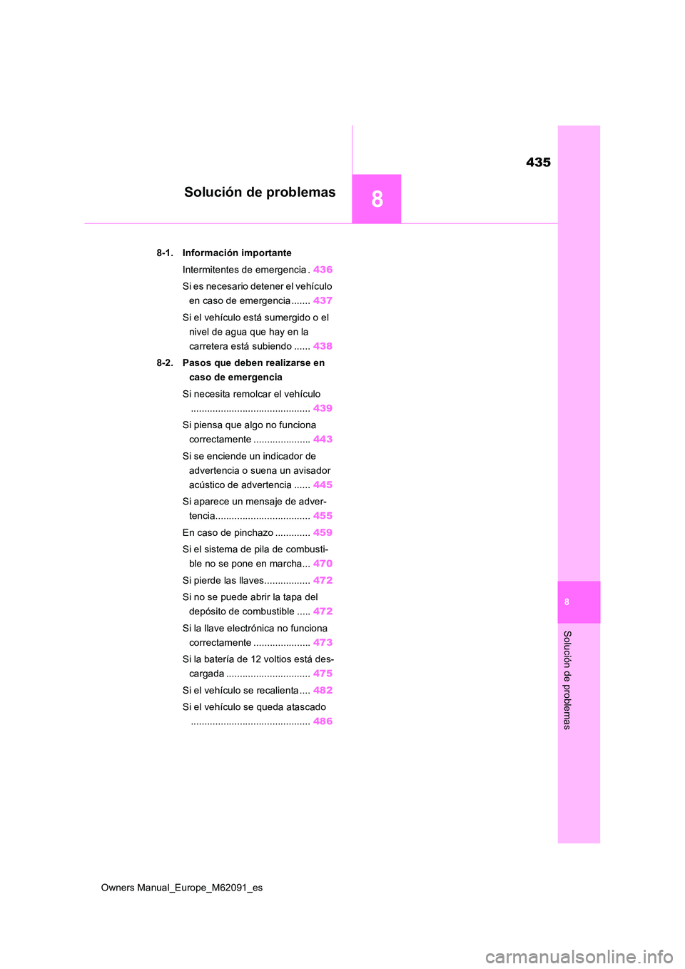 TOYOTA MIRAI 2022 Manual del propietario (in Spanish) 8
435
Owners Manual_Europe_M62091_es
8
Solución de problemas
Solución de problemas
8-1. Información importante
Intermitentes de emergencia . 436
Si es necesario detener el vehículo
en caso de TOYOTA MIRAI 2022 Manual del propietario (in Spanish) 8
435
Owners Manual_Europe_M62091_es
8
Solución de problemas
Solución de problemas
8-1. Información importante
Intermitentes de emergencia . 436
Si es necesario detener el vehículo
en caso de