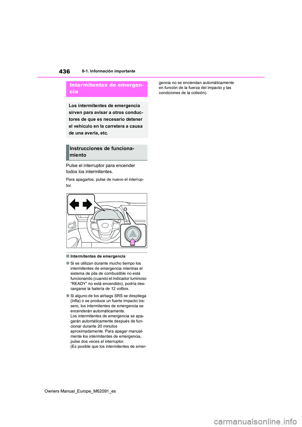 TOYOTA MIRAI 2022 Manual del propietario (in Spanish) 436
Owners Manual_Europe_M62091_es
8-1. Información importante
8-1.In formación impo rtante
Pulse el interruptor para encender
todos los intermitentes.
Para apagarlos, pulse de nuevo el interrup- TOYOTA MIRAI 2022 Manual del propietario (in Spanish) 436
Owners Manual_Europe_M62091_es
8-1. Información importante
8-1.In formación impo rtante
Pulse el interruptor para encender
todos los intermitentes.
Para apagarlos, pulse de nuevo el interrup-