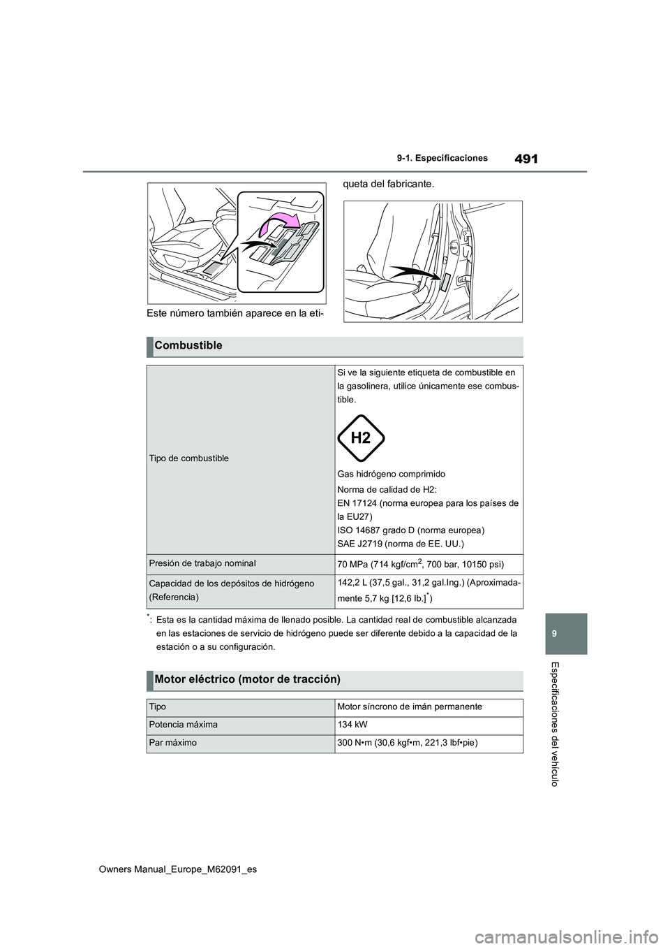TOYOTA MIRAI 2022  Manual del propietario (in Spanish) 491
9
Owners Manual_Europe_M62091_es
9-1. Especificaciones
Especificaciones del vehículo
Este número también aparece en la eti- 
queta del fabricante.
*: Esta es la cantidad máxima de llenado posi