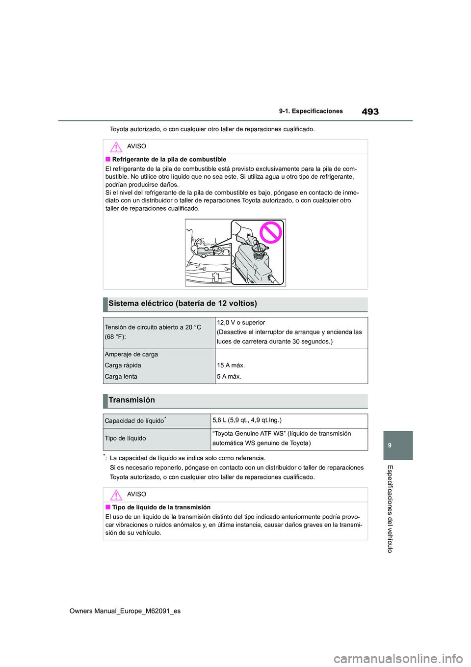 TOYOTA MIRAI 2022  Manual del propietario (in Spanish) 493
9
Owners Manual_Europe_M62091_es
9-1. Especificaciones
Especificaciones del vehículo
Toyota autorizado, o con cualquier otro taller de reparaciones cualificado.
*: La capacidad de líquido se ind