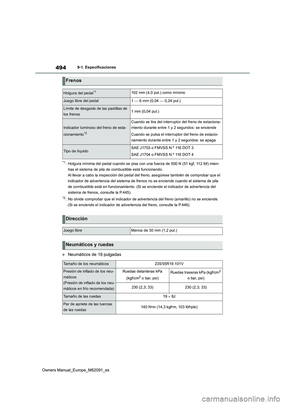 TOYOTA MIRAI 2022  Manual del propietario (in Spanish) 494
Owners Manual_Europe_M62091_es
9-1. Especificaciones
*1: Holgura mínima del pedal cuando se pisa con una fuerza de 500 N (51 kgf, 112 lbf) mien- 
tras el sistema de pila de combustible está func