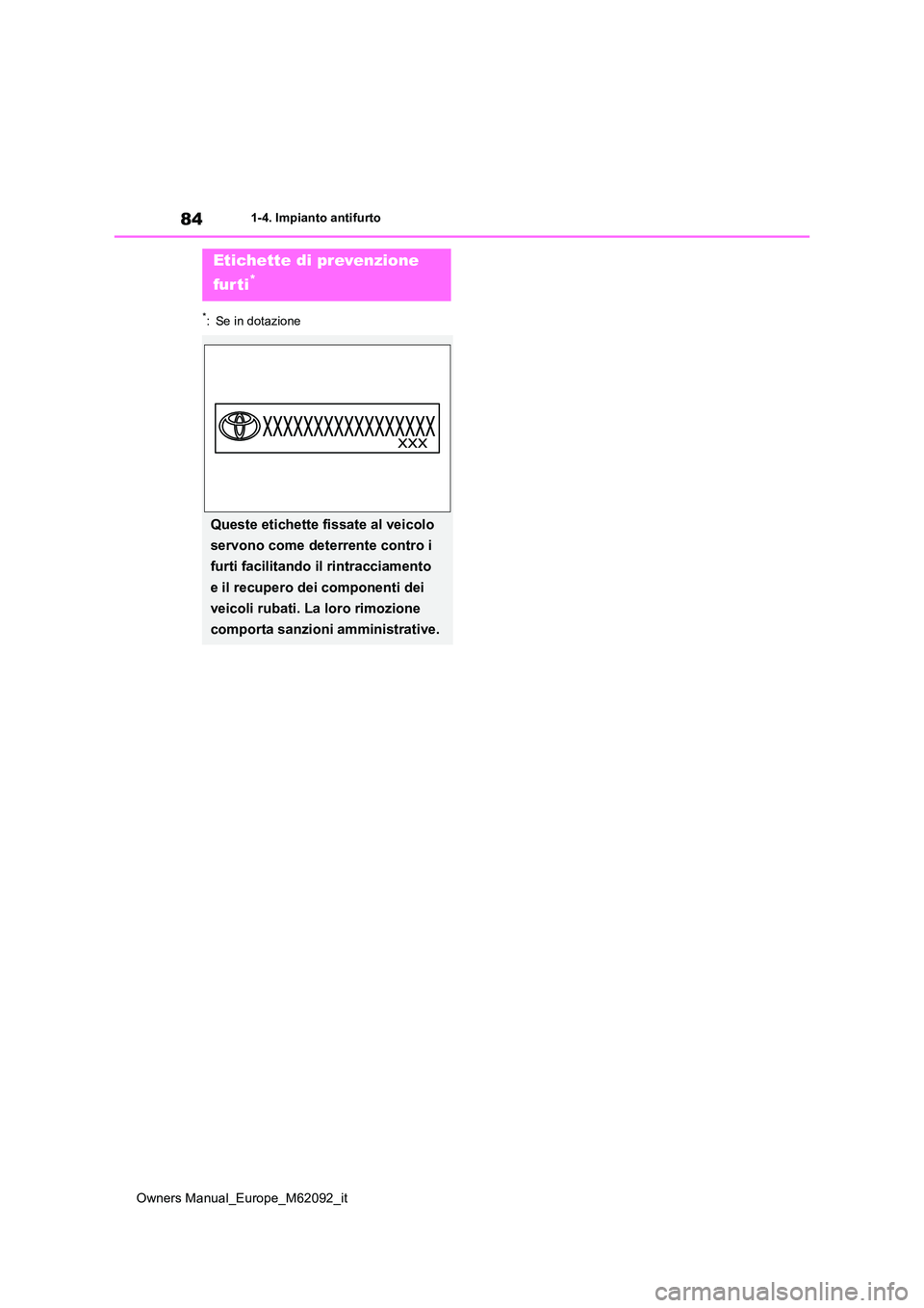 TOYOTA MIRAI 2022  Manuale duso (in Italian) 84
Owners Manual_Europe_M62092_it
1-4. Impianto antifurto
*: Se in dotazione
Etichette di prevenzione  
fur ti*
Queste etichette fissate al veicolo  
servono come deterrente contro i  
furti facilitan