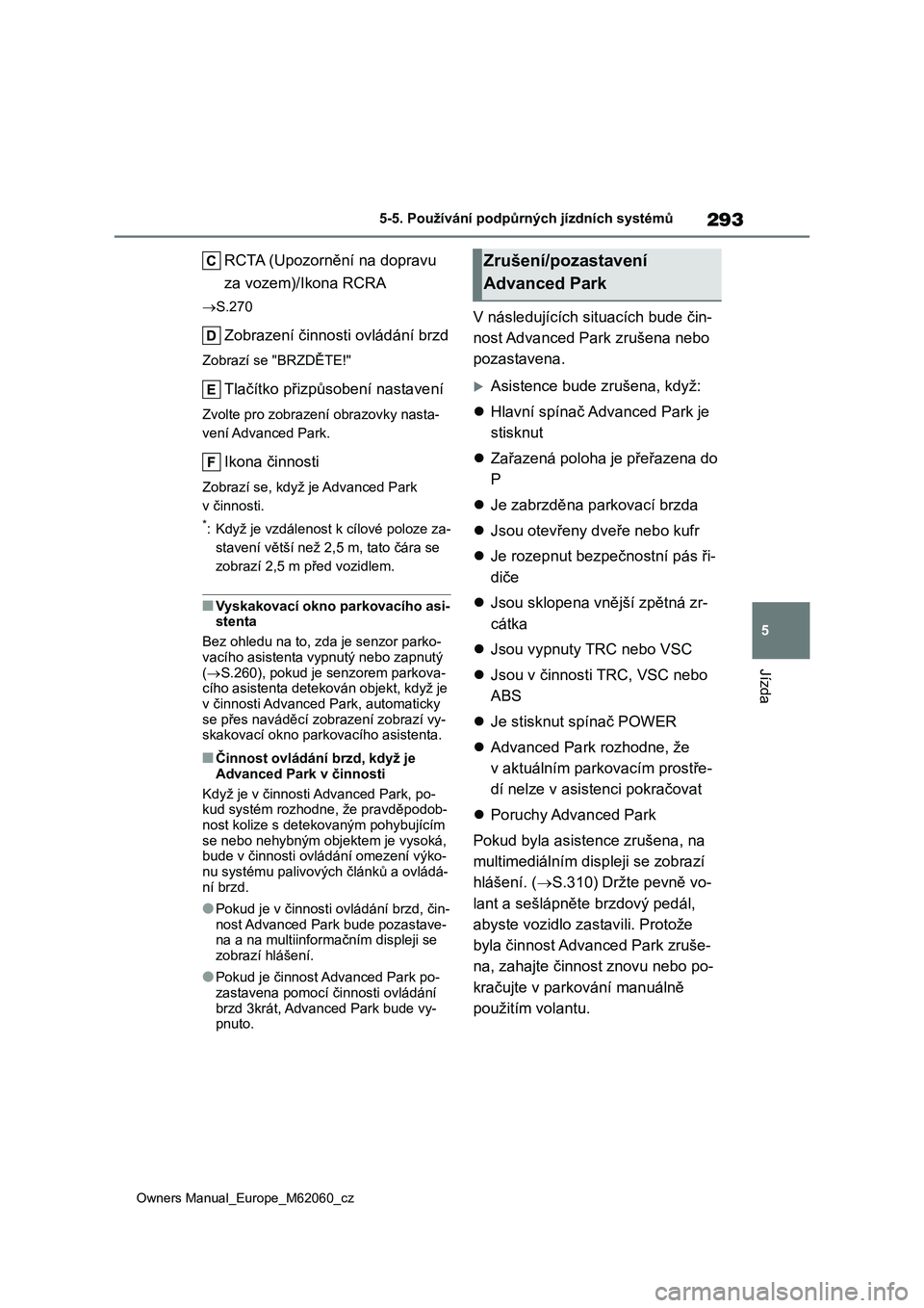 TOYOTA MIRAI 2022 Návod na použití (in Czech) 293
5
Owners Manual_Europe_M62060_cz
5-5. Používání podpůrných jízdních systémů
Jízda
RCTA (Upozornění na dopravu
za vozem)/Ikona RCRA
S.270
Zobrazení činnosti ovládání brzd
Zo TOYOTA MIRAI 2022 Návod na použití (in Czech) 293
5
Owners Manual_Europe_M62060_cz
5-5. Používání podpůrných jízdních systémů
Jízda
RCTA (Upozornění na dopravu
za vozem)/Ikona RCRA
S.270
Zobrazení činnosti ovládání brzd
Zo