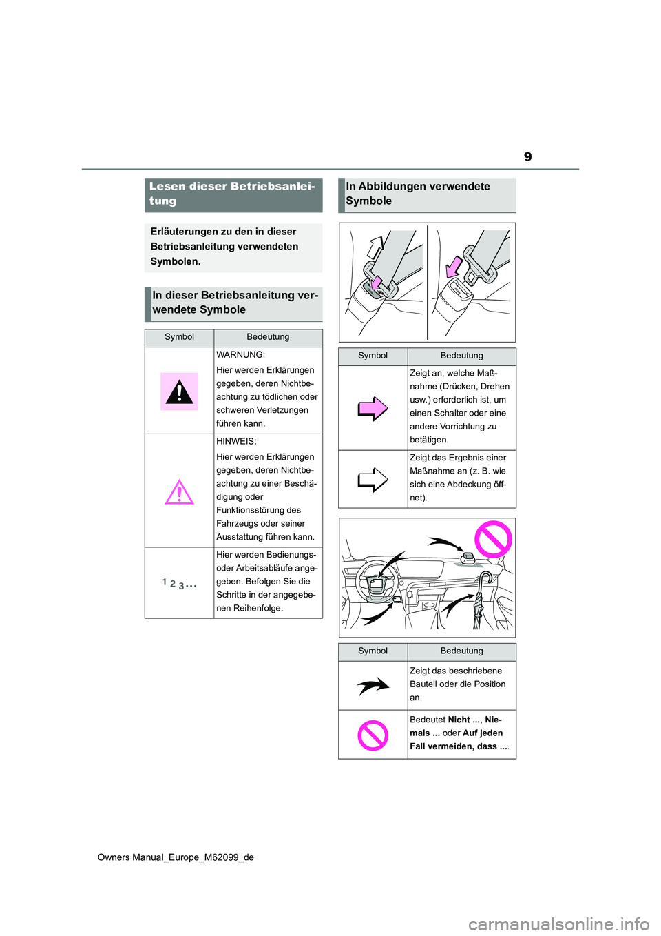 TOYOTA MIRAI 2021 Betriebsanleitungen (in German) 9
Owners Manual_Europe_M62099_de
Lesen dieser Betriebsanlei-
tung
Erläuterungen zu den in dieser
Betriebsanleitung verwendeten
Symbolen.
In dieser Betriebsanleitung ver-
wendete Symbole
SymbolB TOYOTA MIRAI 2021 Betriebsanleitungen (in German) 9
Owners Manual_Europe_M62099_de
Lesen dieser Betriebsanlei-
tung
Erläuterungen zu den in dieser
Betriebsanleitung verwendeten
Symbolen.
In dieser Betriebsanleitung ver-
wendete Symbole
SymbolB