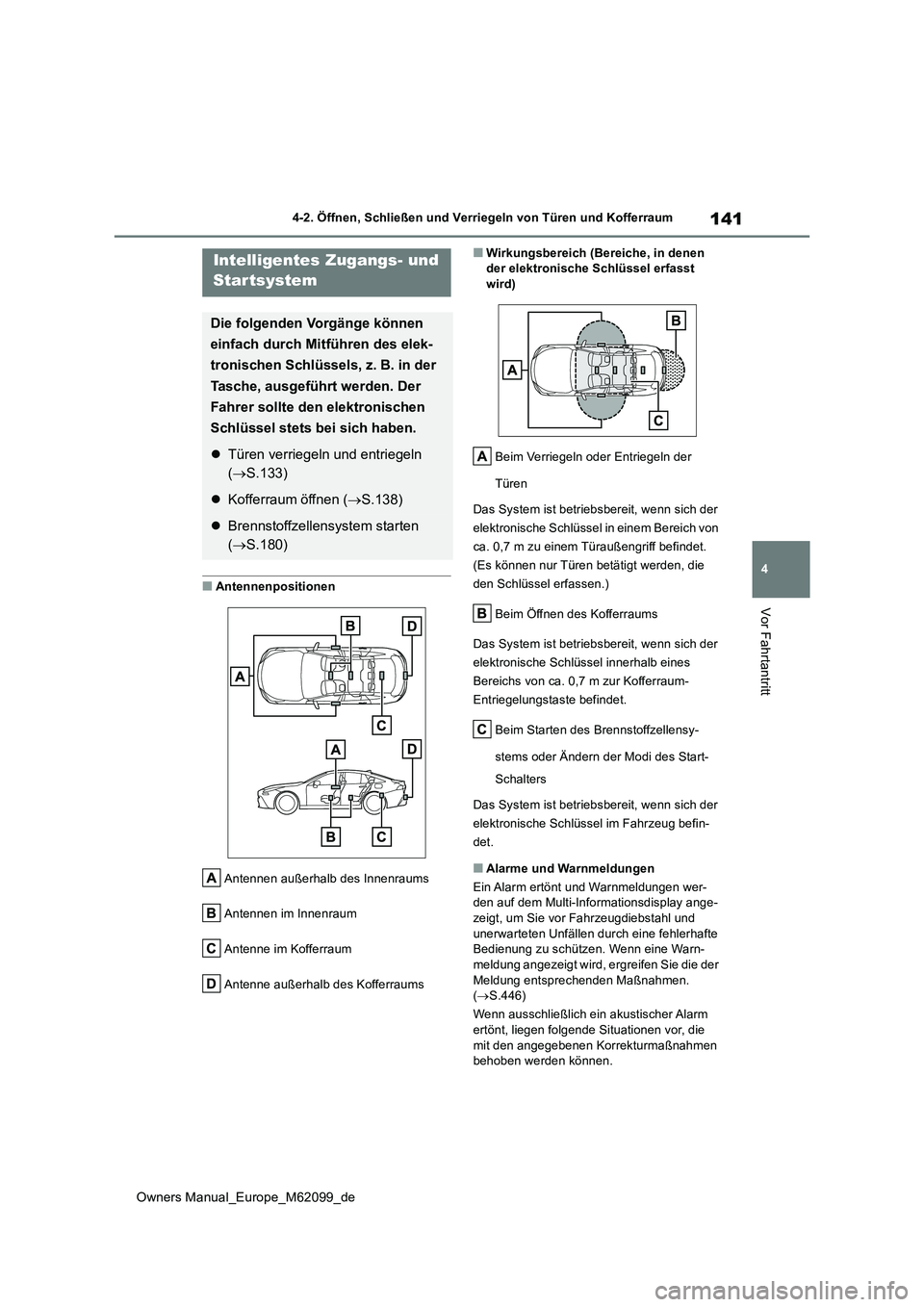 TOYOTA MIRAI 2021  Betriebsanleitungen (in German) 141
4
Owners Manual_Europe_M62099_de
4-2. Öffnen, Schließen und Verriegeln von Türen und Kofferraum
Vor Fahrtantritt
■Antennenpositionen 
Antennen außerhalb des Innenraums 
Antennen im Innenraum