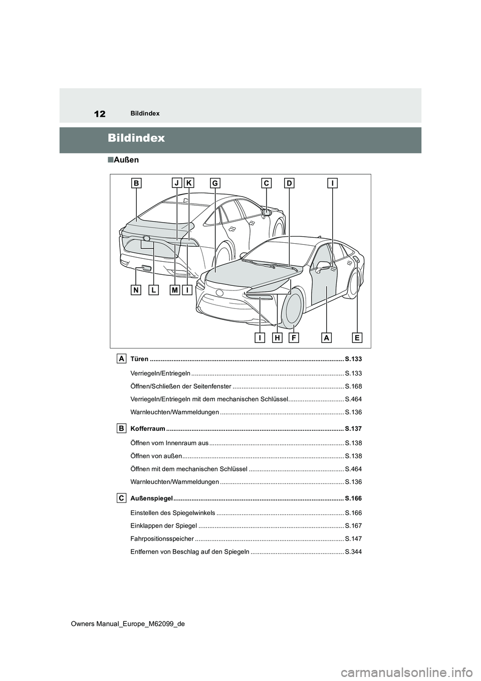 TOYOTA MIRAI 2021 Betriebsanleitungen (in German) 12
Owners Manual_Europe_M62099_de
Bildindex
Bildindex
■Außen
Türen ............................................................................................................ S.133
Verriegeln/En TOYOTA MIRAI 2021 Betriebsanleitungen (in German) 12
Owners Manual_Europe_M62099_de
Bildindex
Bildindex
■Außen
Türen ............................................................................................................ S.133
Verriegeln/En