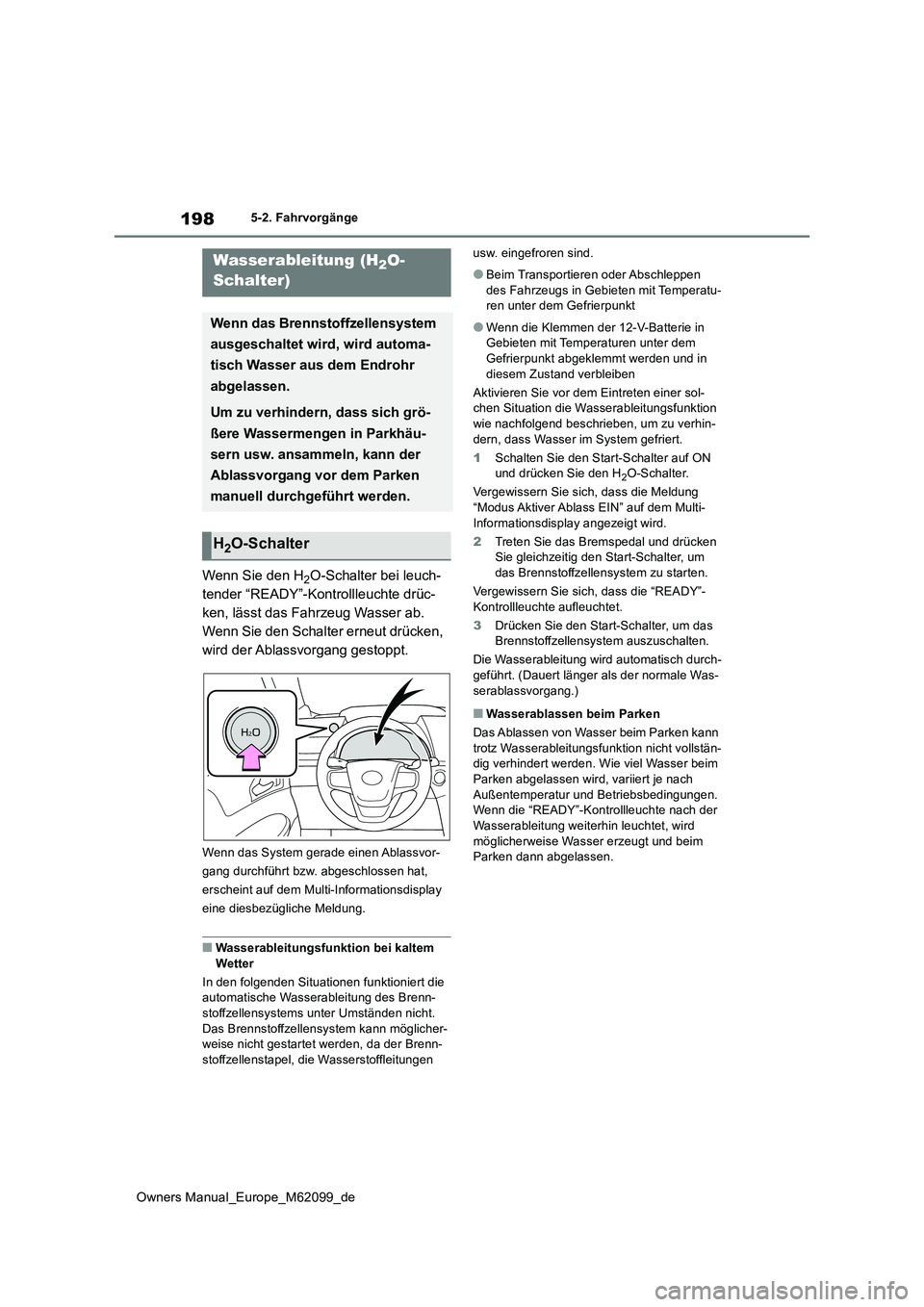 TOYOTA MIRAI 2021  Betriebsanleitungen (in German) 198
Owners Manual_Europe_M62099_de
5-2. Fahrvorgänge
Wenn Sie den H2O-Schalter bei leuch- 
tender “READY”-Kontrollleuchte drüc-
ken, lässt das Fahrzeug Wasser ab.
Wenn Sie den Schalter erneut d
