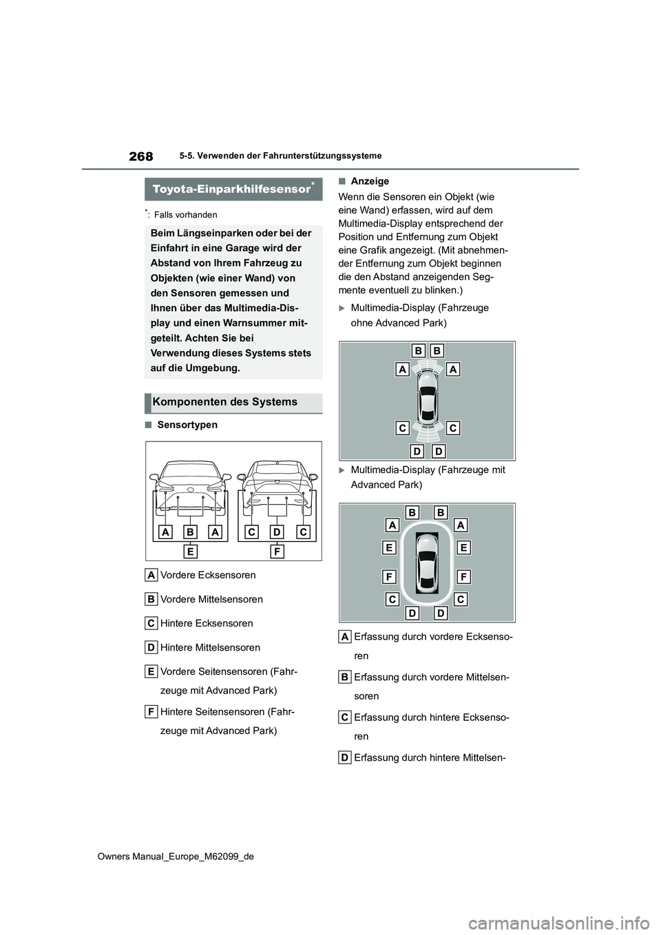 TOYOTA MIRAI 2021  Betriebsanleitungen (in German) 268
Owners Manual_Europe_M62099_de
5-5. Verwenden der Fahrunterstützungssysteme
*: Falls vorhanden
■Sensortypen 
Vordere Ecksensoren 
Vordere Mittelsensoren
Hintere Ecksensoren
Hintere Mittelsensor