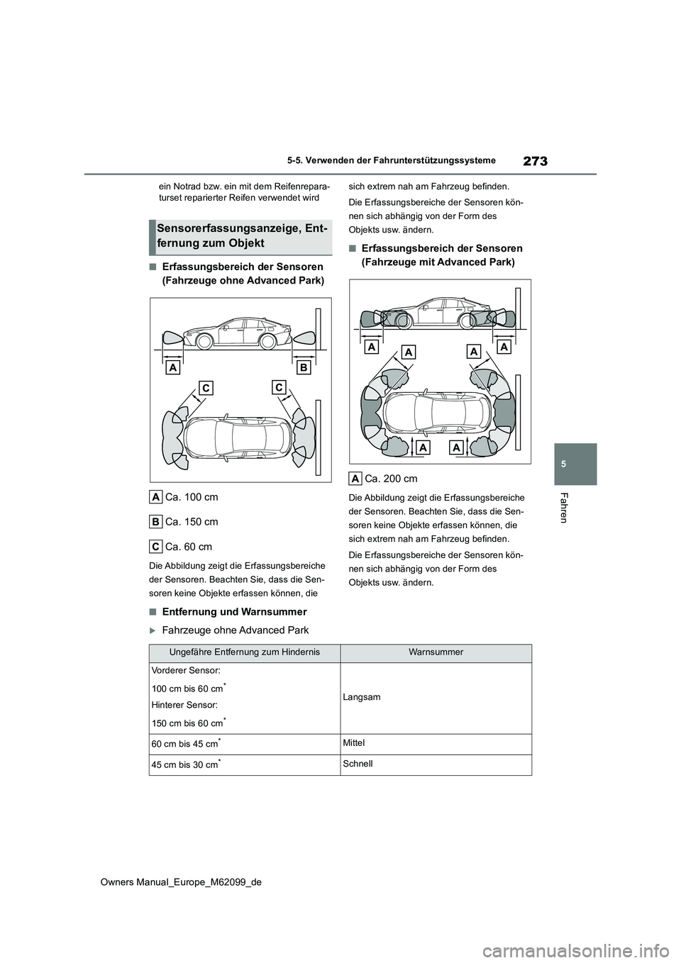 TOYOTA MIRAI 2021  Betriebsanleitungen (in German) 273
5
Owners Manual_Europe_M62099_de
5-5. Verwenden der Fahrunterstützungssysteme
Fahren
ein Notrad bzw. ein mit dem Reifenrepara- turset reparierter Reifen verwendet wird
■Erfassungsbereich der Se