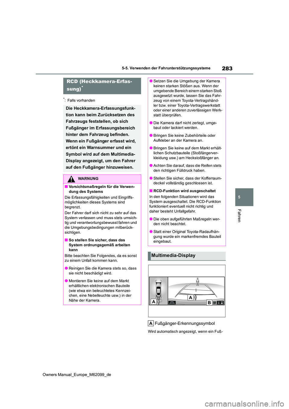 TOYOTA MIRAI 2021  Betriebsanleitungen (in German) 283
5
Owners Manual_Europe_M62099_de
5-5. Verwenden der Fahrunterstützungssysteme
Fahren
*: Falls vorhanden
Fußgänger-Erkennungssymbol
Wird automatisch angezeigt, wenn ein Fuß-
RCD (Heckkamera-Erf