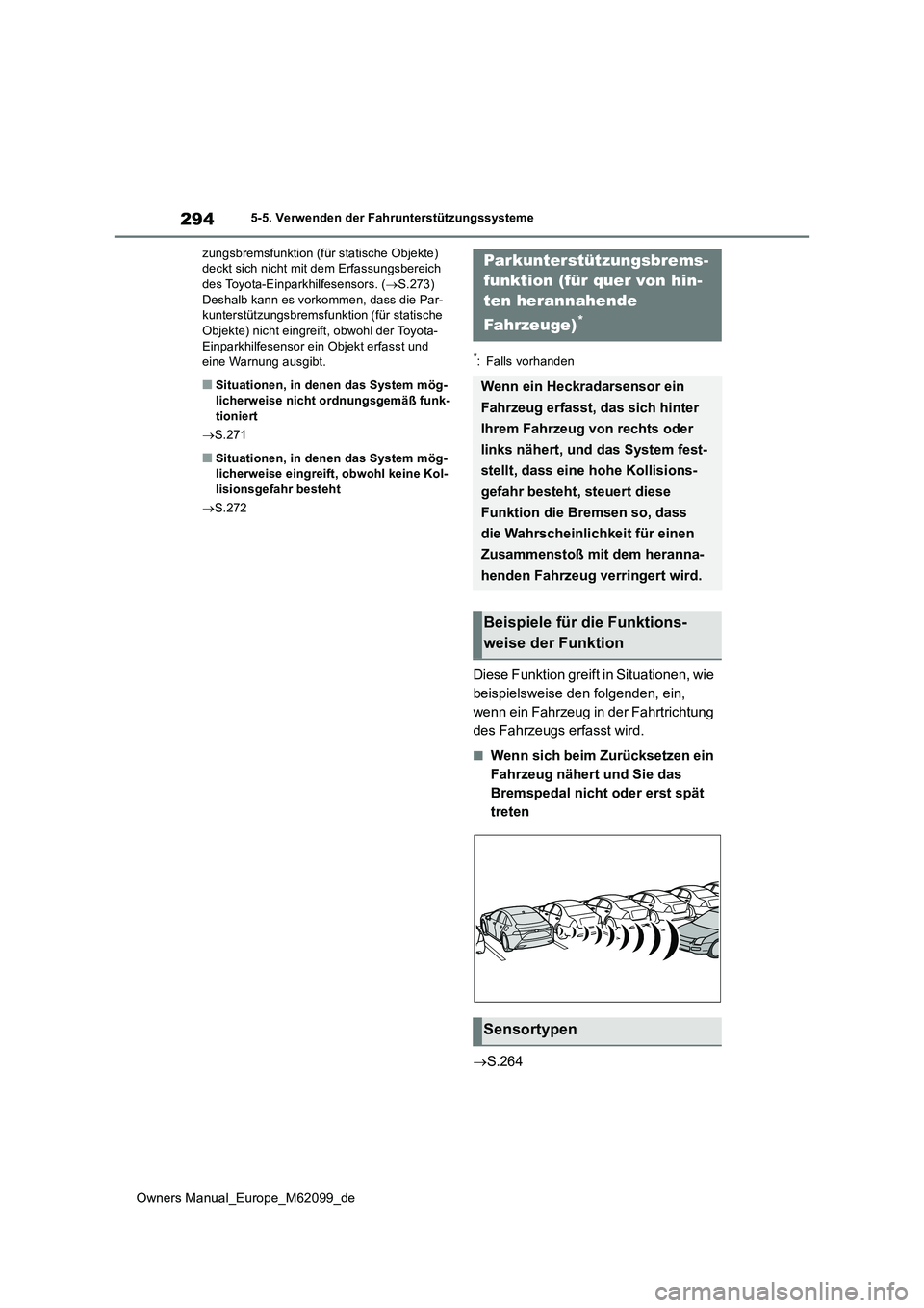 TOYOTA MIRAI 2021  Betriebsanleitungen (in German) 294
Owners Manual_Europe_M62099_de
5-5. Verwenden der Fahrunterstützungssysteme 
zungsbremsfunktion (für statische Objekte)  deckt sich nicht mit dem Erfassungsbereich des Toyota-Einparkhilfesensors