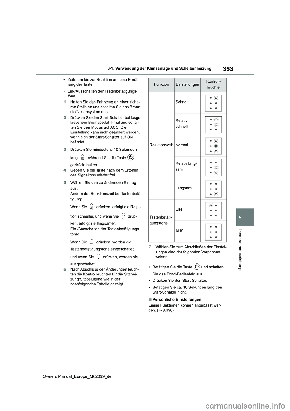TOYOTA MIRAI 2021 Betriebsanleitungen (in German) 353
6
Owners Manual_Europe_M62099_de
6-1. Verwendung der Klimaanlage und Scheibenheizung
Innenraumausstattung
• Zeitraum bis zur Reaktion auf eine Berüh- rung der Taste
• Ein-/Ausschalten der Ta TOYOTA MIRAI 2021 Betriebsanleitungen (in German) 353
6
Owners Manual_Europe_M62099_de
6-1. Verwendung der Klimaanlage und Scheibenheizung
Innenraumausstattung
• Zeitraum bis zur Reaktion auf eine Berüh- rung der Taste
• Ein-/Ausschalten der Ta