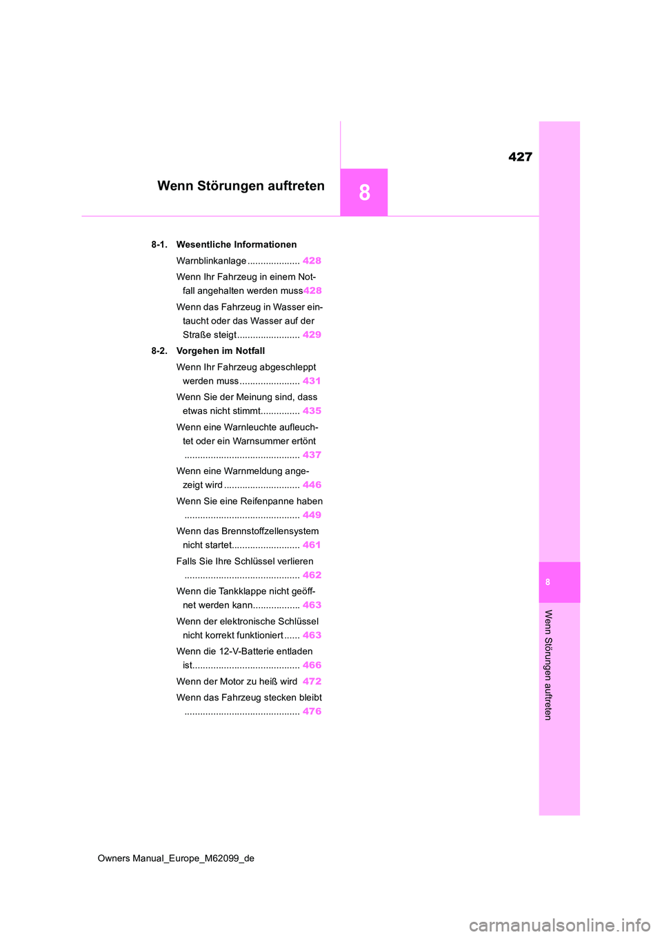 TOYOTA MIRAI 2021  Betriebsanleitungen (in German) 8
427
Owners Manual_Europe_M62099_de
8
Wenn Störungen auftreten
Wenn Störungen auftreten
8-1. Wesentliche Informationen 
Warnblinkanlage .................... 428 
Wenn Ihr Fahrzeug in einem Not- 
fa