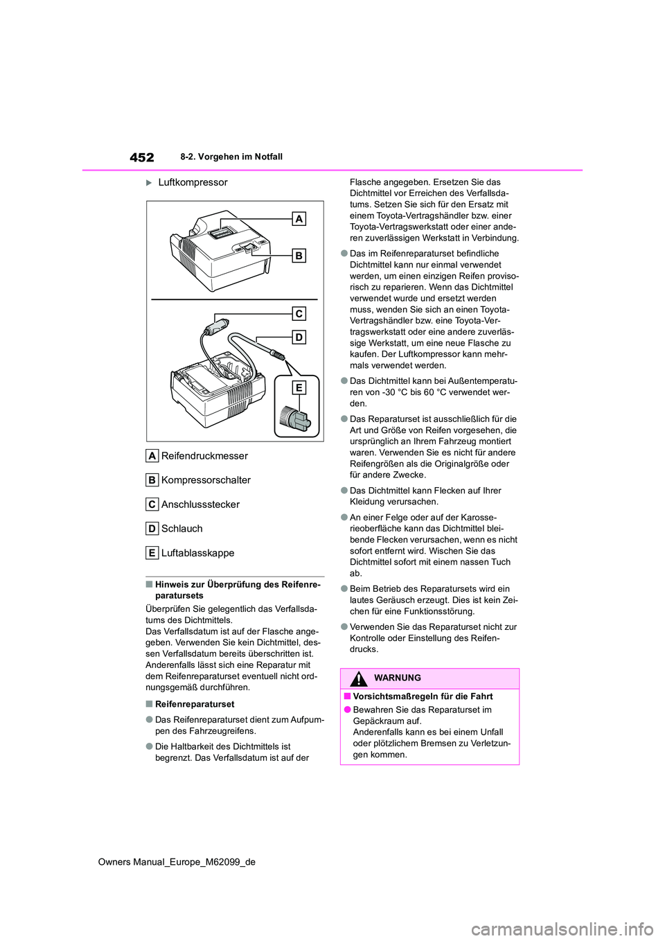 TOYOTA MIRAI 2021  Betriebsanleitungen (in German) 452
Owners Manual_Europe_M62099_de
8-2. Vorgehen im Notfall
Luftkompressor 
Reifendruckmesser 
Kompressorschalter
Anschlussstecker
Schlauch
Luftablasskappe
■Hinweis zur Überprüfung des Reifenre
