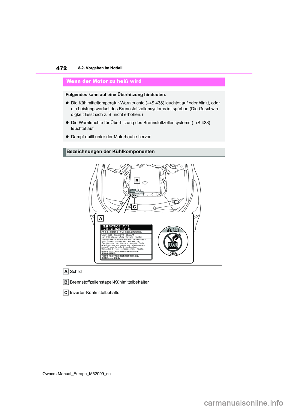 TOYOTA MIRAI 2021  Betriebsanleitungen (in German) 472
Owners Manual_Europe_M62099_de
8-2. Vorgehen im Notfall
Schild 
Brennstoffzellenstapel-Kühlmittelbehälter
Inverter-Kühlmittelbehälter
Wenn der Motor zu heiß wird
Folgendes kann auf eine Über