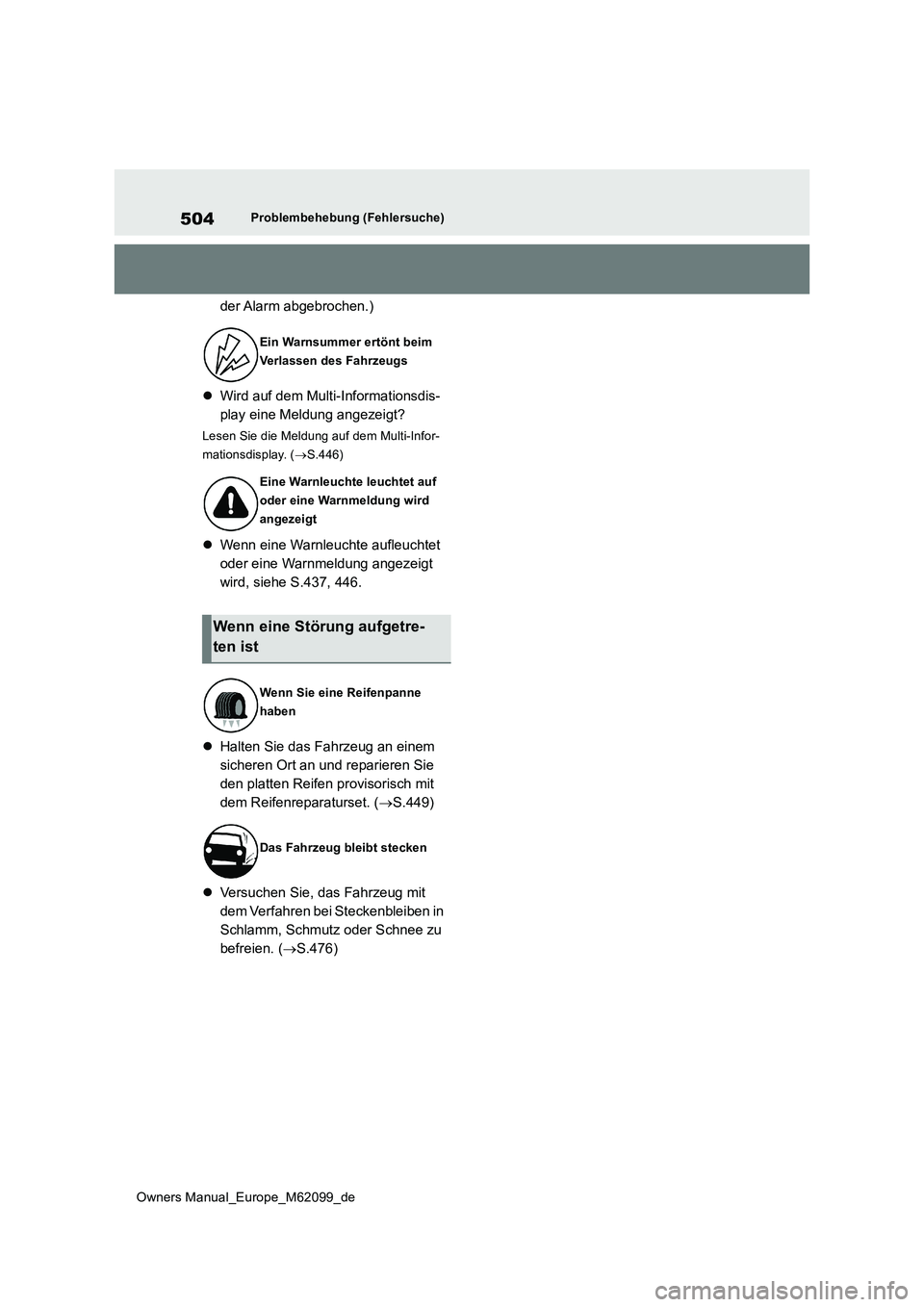 TOYOTA MIRAI 2021  Betriebsanleitungen (in German) 504
Owners Manual_Europe_M62099_de
Problembehebung (Fehlersuche)
der Alarm abgebrochen.) 
 Wird auf dem Multi-Informationsdis- 
play eine Meldung angezeigt?
Lesen Sie die Meldung auf dem Multi-Info
