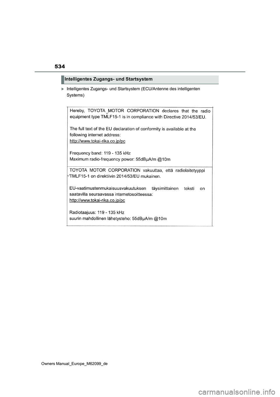 TOYOTA MIRAI 2021  Betriebsanleitungen (in German) 534
Owners Manual_Europe_M62099_de
Intelligentes Zugangs- und Startsystem (ECU/Antenne des intelligenten  
Systems)
Intelligentes Zugangs- und Startsystem 