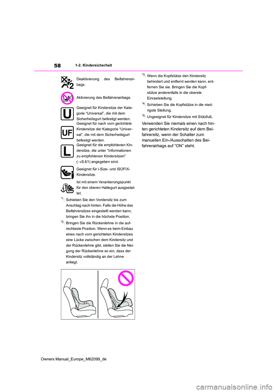 TOYOTA MIRAI 2021 Betriebsanleitungen (in German) 58
Owners Manual_Europe_M62099_de
1-2. Kindersicherheit
*1: Schieben Sie den Vordersitz bis zum
Anschlag nach hinten. Falls die Höhe des
Beifahrersitzes eingestellt werden kann,
bringen Sie ihn i TOYOTA MIRAI 2021 Betriebsanleitungen (in German) 58
Owners Manual_Europe_M62099_de
1-2. Kindersicherheit
*1: Schieben Sie den Vordersitz bis zum
Anschlag nach hinten. Falls die Höhe des
Beifahrersitzes eingestellt werden kann,
bringen Sie ihn i