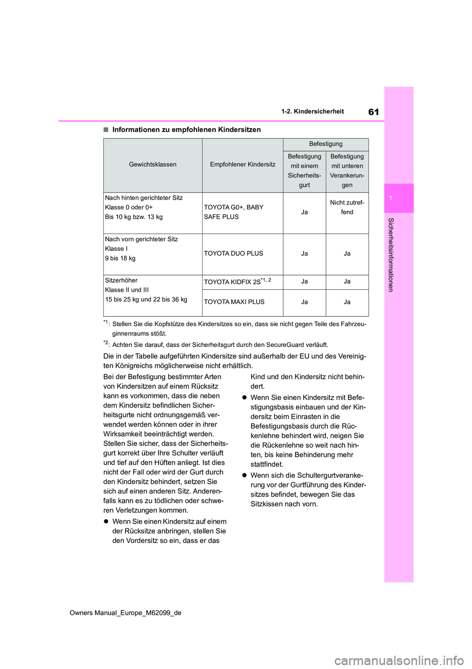 TOYOTA MIRAI 2021 Betriebsanleitungen (in German) 61
1
Owners Manual_Europe_M62099_de
1-2. Kindersicherheit
Sicherheitsinformationen
■Informationen zu empfohlenen Kindersitzen
*1: Stellen Sie die Kopfstütze des Kindersitzes so ein, dass sie nicht TOYOTA MIRAI 2021 Betriebsanleitungen (in German) 61
1
Owners Manual_Europe_M62099_de
1-2. Kindersicherheit
Sicherheitsinformationen
■Informationen zu empfohlenen Kindersitzen
*1: Stellen Sie die Kopfstütze des Kindersitzes so ein, dass sie nicht