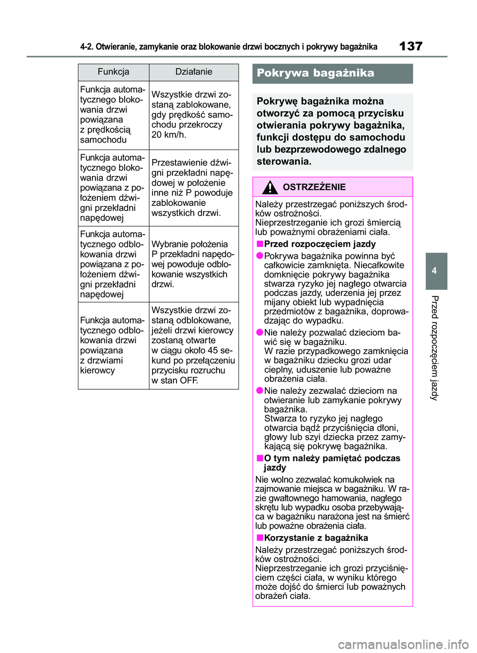 TOYOTA MIRAI 2021 Instrukcja obsługi (in Polish) Przed rozpocz´ciem jazdy
4-2. Otwieranie, zamykanie oraz blokowanie drzwi bocznych i pokrywy baga˝nika137
4 Funkcja Dzia∏anie
Funkcja automa-
tycznego bloko-
wania drzwi
powiàzana
z pr´dkoÊci TOYOTA MIRAI 2021 Instrukcja obsługi (in Polish) Przed rozpocz´ciem jazdy
4-2. Otwieranie, zamykanie oraz blokowanie drzwi bocznych i pokrywy baga˝nika137
4 Funkcja Dzia∏anie
Funkcja automa-
tycznego bloko-
wania drzwi
powiàzana
z pr´dkoÊci